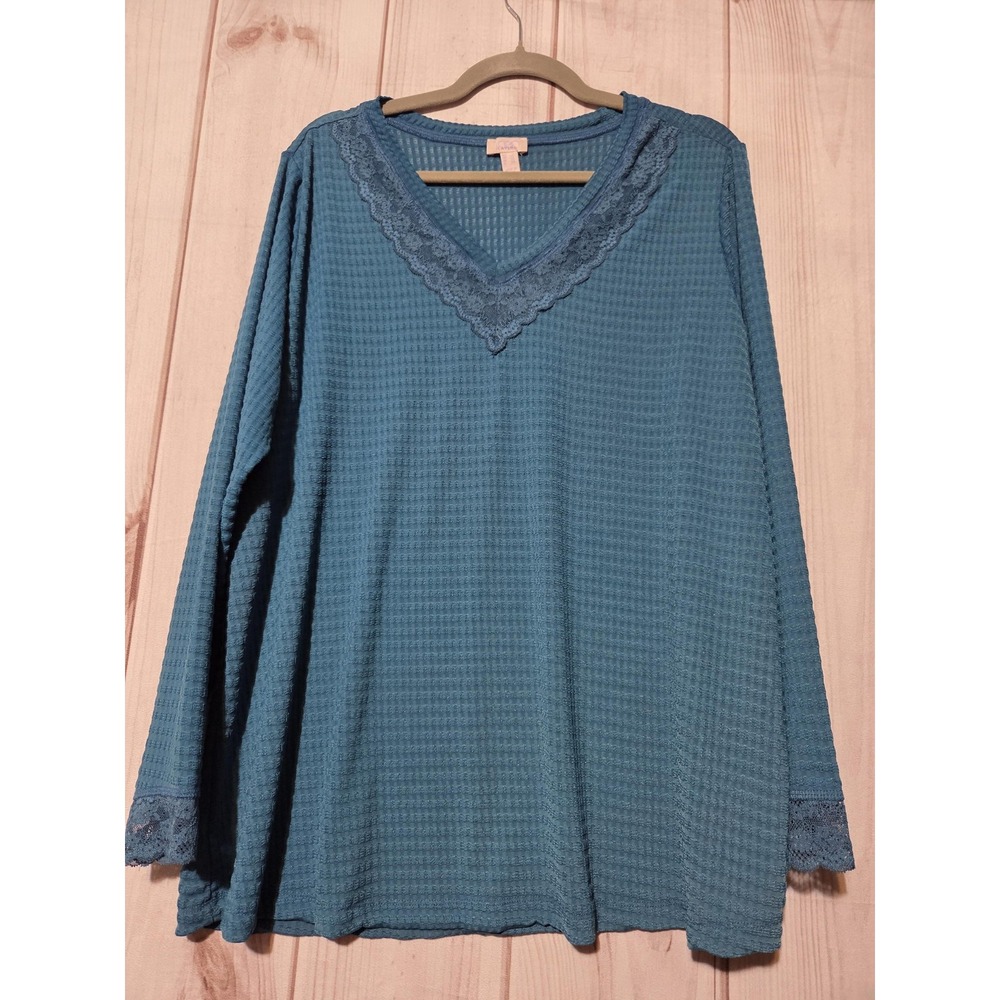 Logo Layers Womens 1X Teal Blue Waffle Knit Lace Trim V-Neck Long Sleeve Top